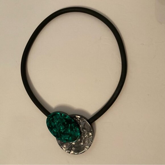 NECKLACE MODERNIST LUCITE DISCS DARK GRAY GREEN BLACK RUBBER MAGNETIC 24” - Picture 7 of 14